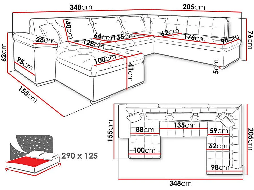 Canapé d'angle Comfivo 128, Gris, Disponible, 348x205x76cm
