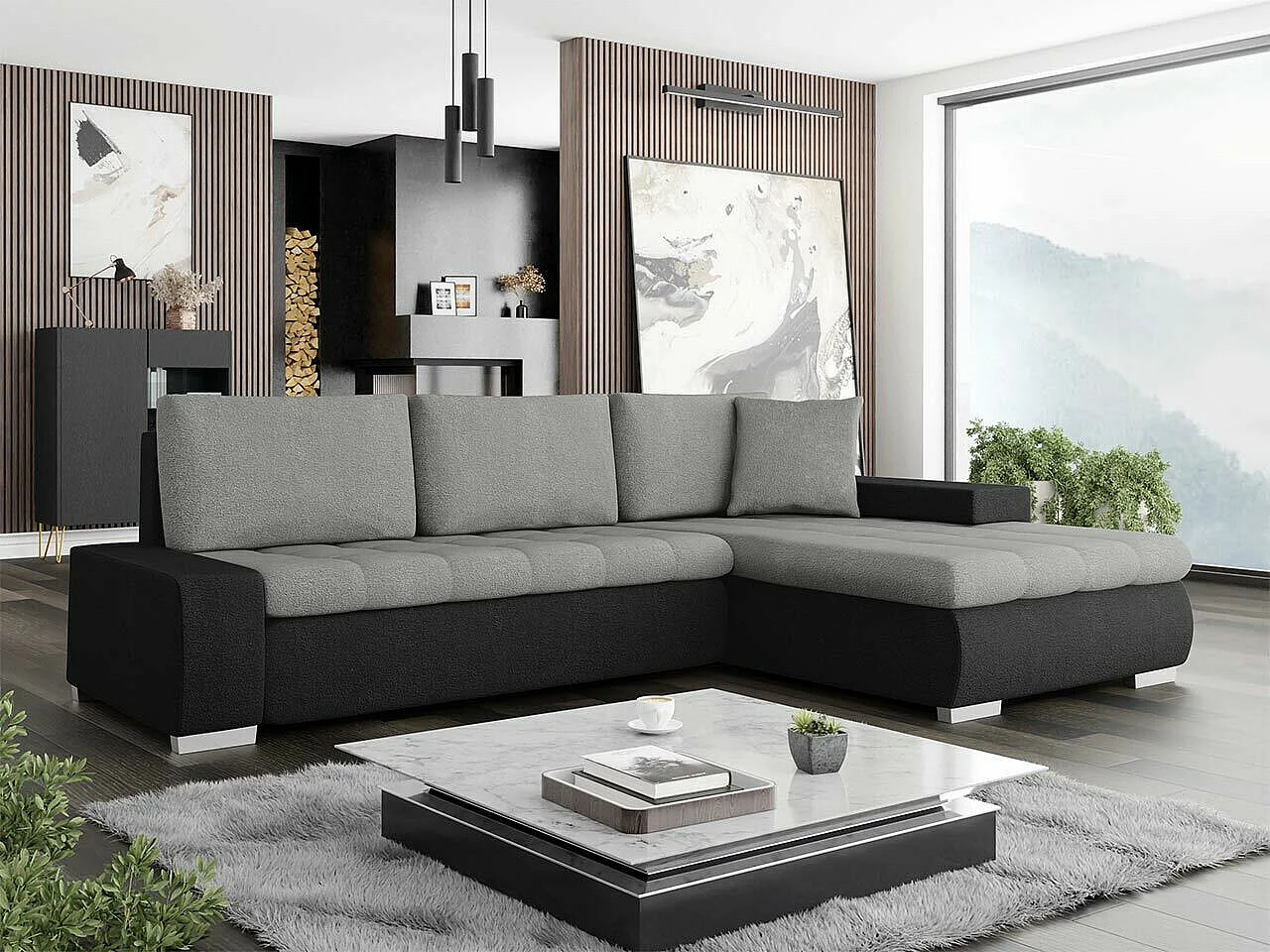 Sofá rinconero Comfivo 112, Gris, Función de descanso, Almacenaje, 265x185x85cm