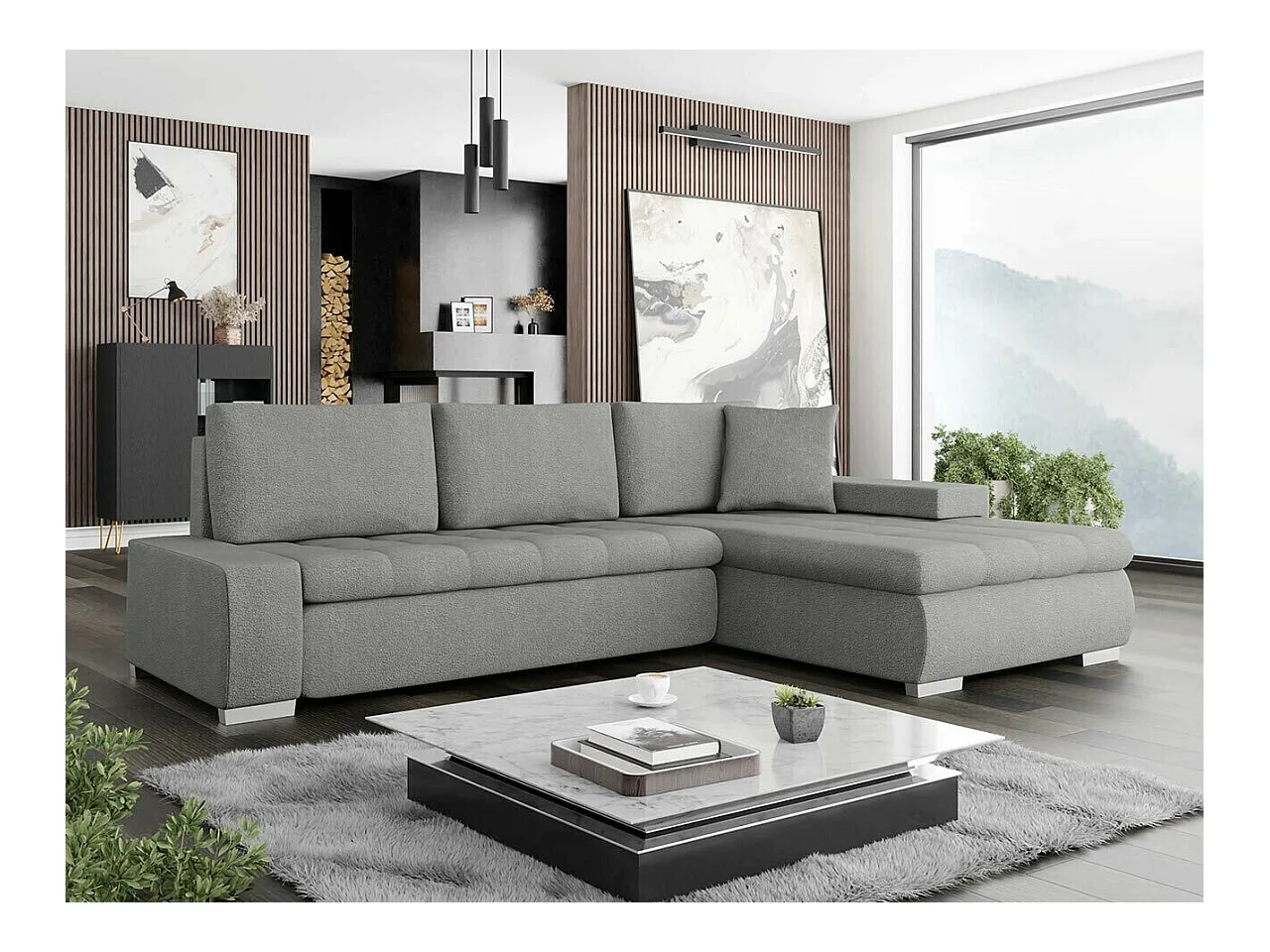 Sofá rinconero Comfivo 112, Gris, Función de descanso, Almacenaje, 265x185x85cm