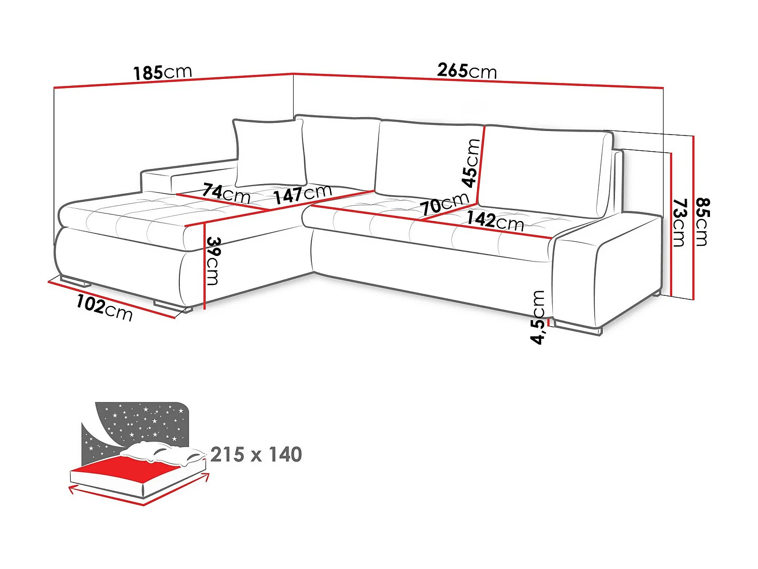 Canapé d'angle Comfivo Nitor, Gris, Disponible, 265x185x85cm