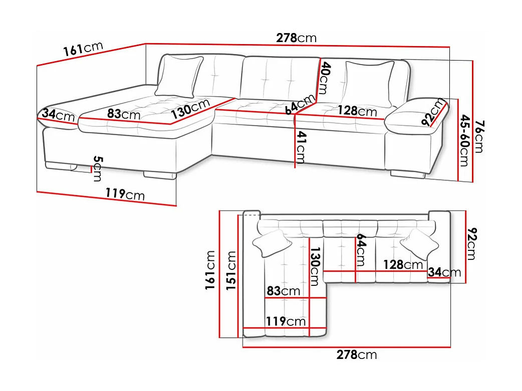 Sofá rinconero Comfivo 219, Gris, 278x161x76cm