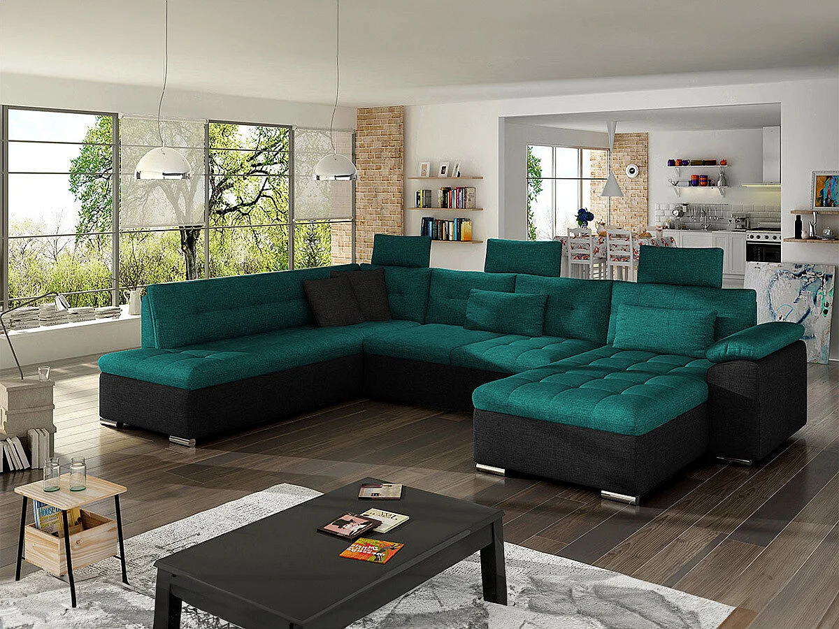 Canapé d'angle Comfivo 127, Vert, Fonction de couchage, Boîte de literie, 350x205x101cm