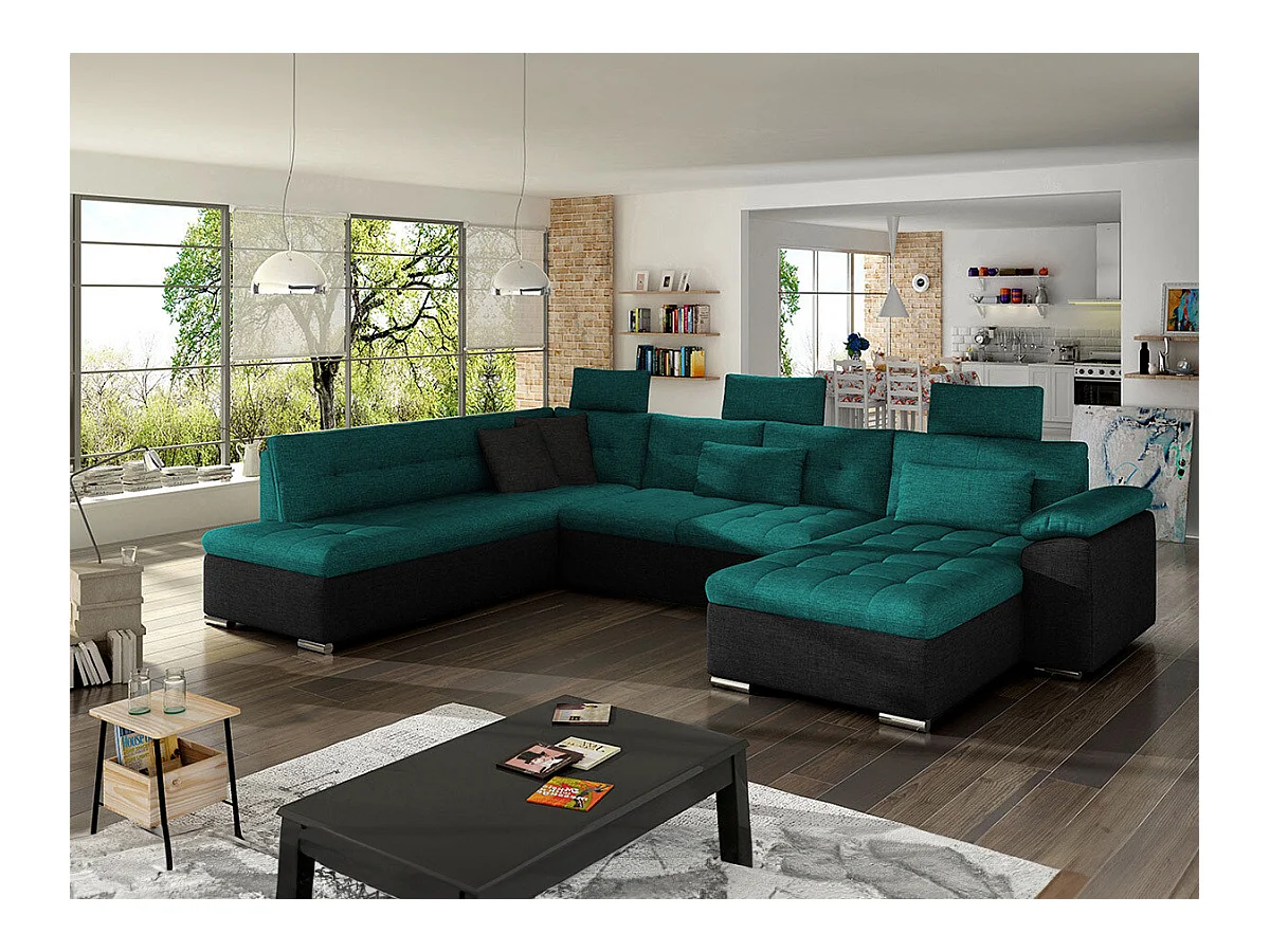 Canapé d'angle Comfivo 127, Vert, Fonction de couchage, Boîte de literie, 350x205x101cm