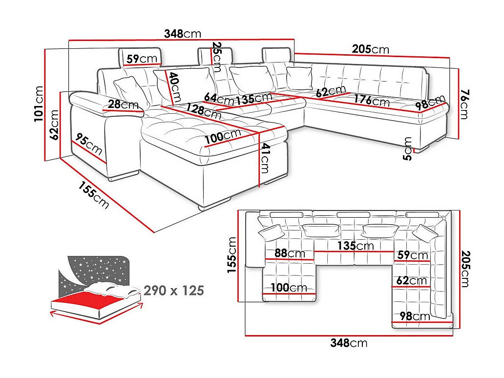 Canapé d'angle Comfivo 127, Vert, Fonction de couchage, Boîte de literie, 350x205x101cm