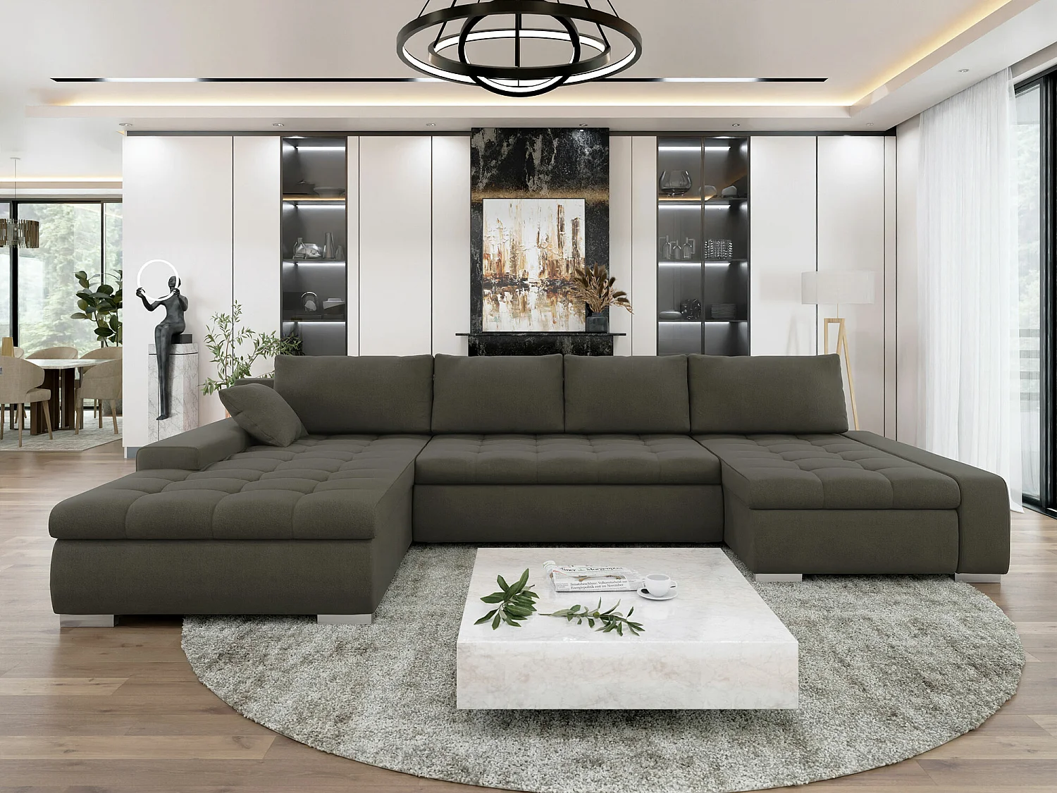 Sofá rinconero Comfivo 106, Gris, Función de descanso, Almacenaje, 394x213x80cm