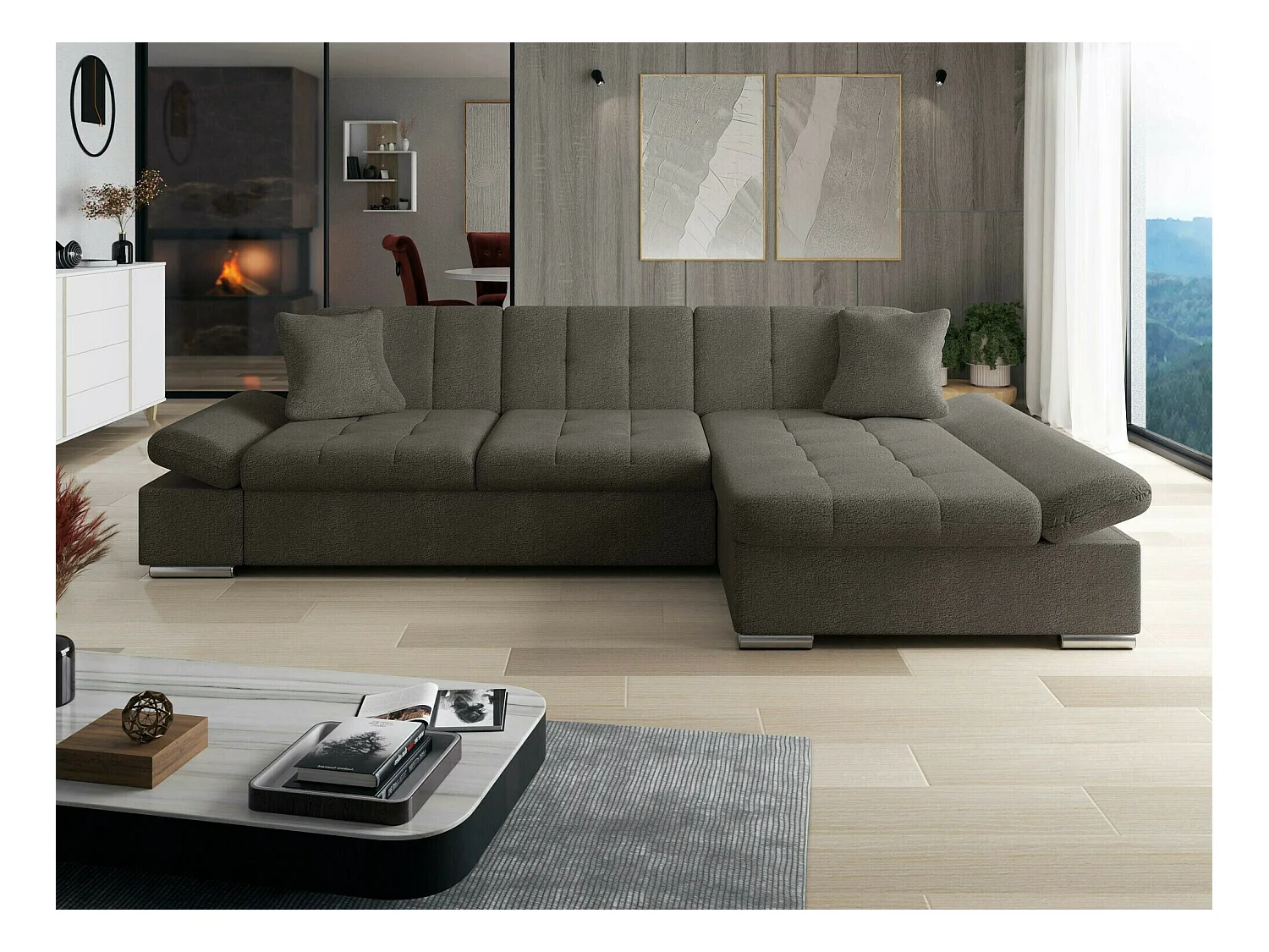 Sofá rinconero Comfivo 152, Gris, Función de descanso, Almacenaje, 278x161x76cm