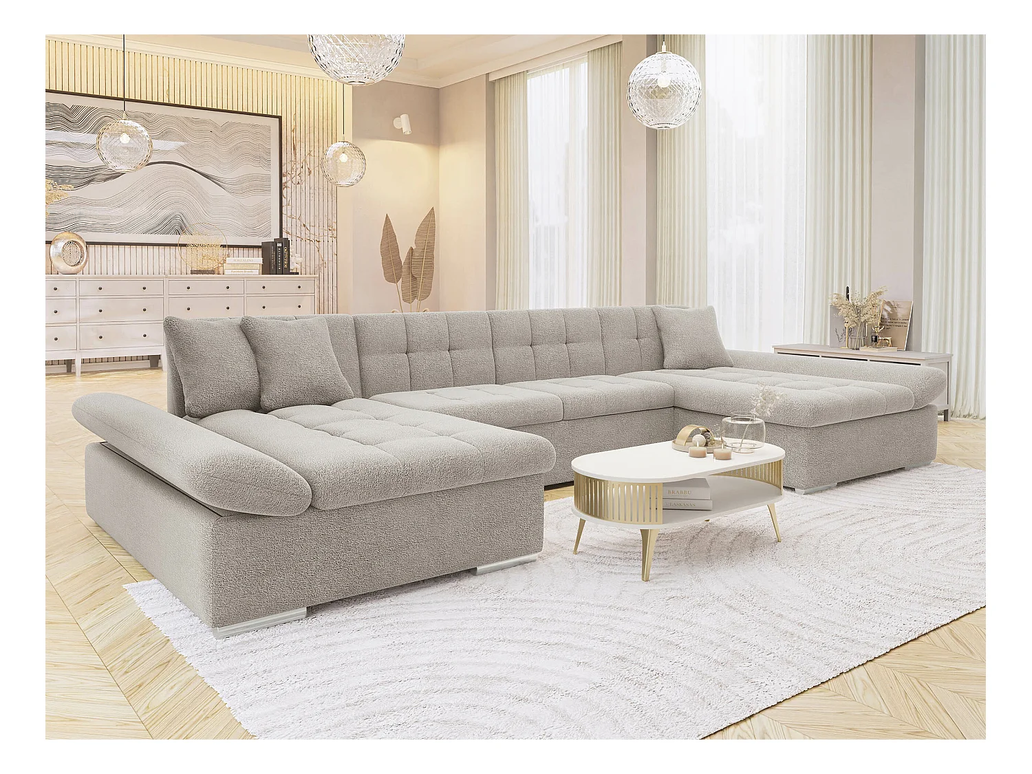 Canapé d'angle Comfivo 155, Brun clair, Fonction de couchage, Boîte de literie, 360x160cm