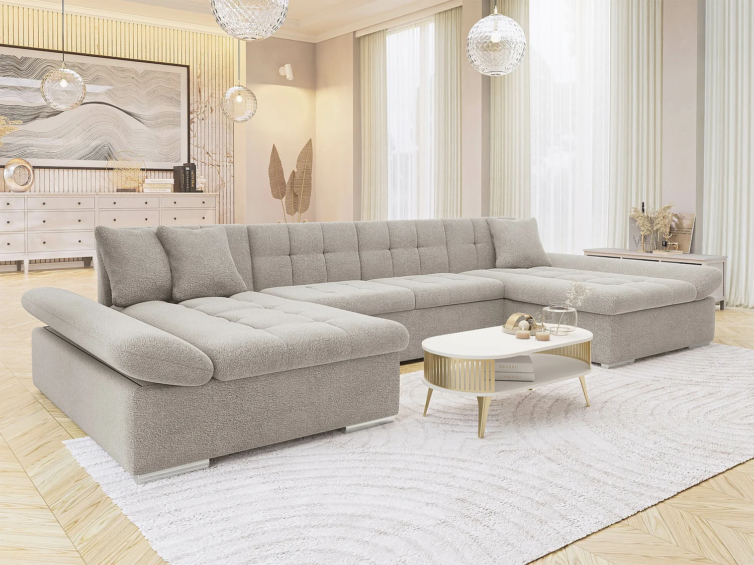 Sofá rinconero Comfivo Ficus, Crema, Función de descanso, Almacenaje, 360x160x75cm