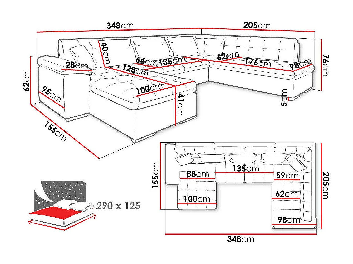 Canapé d'angle Comfivo 128, Gris, Fonction de couchage, 348x205x76cm