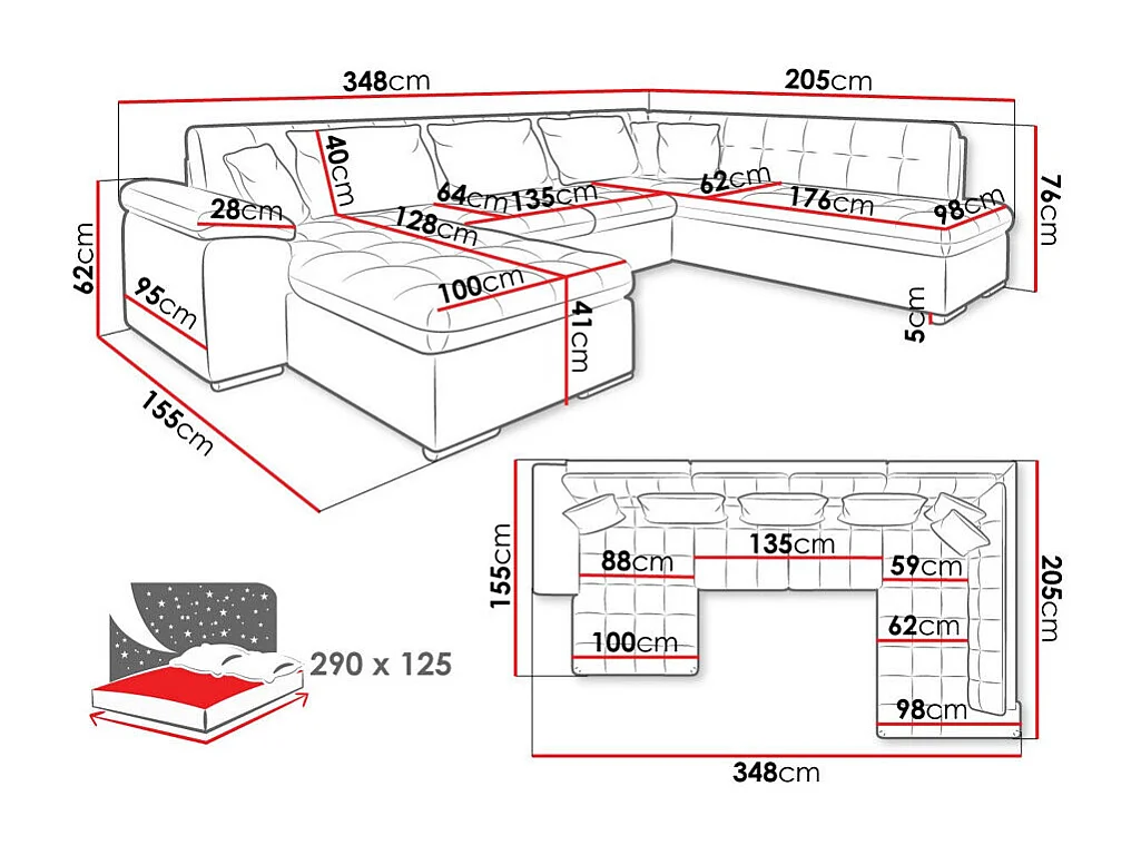 Canapé d'angle Comfivo 128, Gris, Fonction de couchage, 348x205x76cm