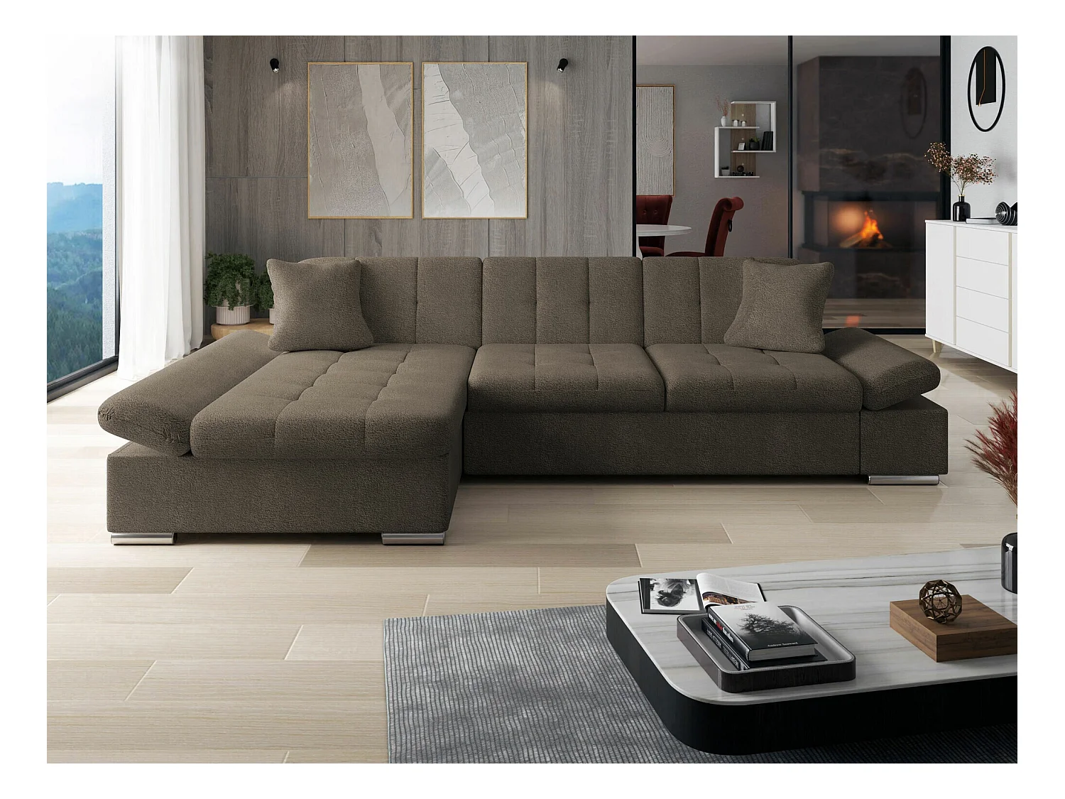 Sofá rinconero Comfivo 152, Gris, Función de descanso, Almacenaje, 278x161x76cm