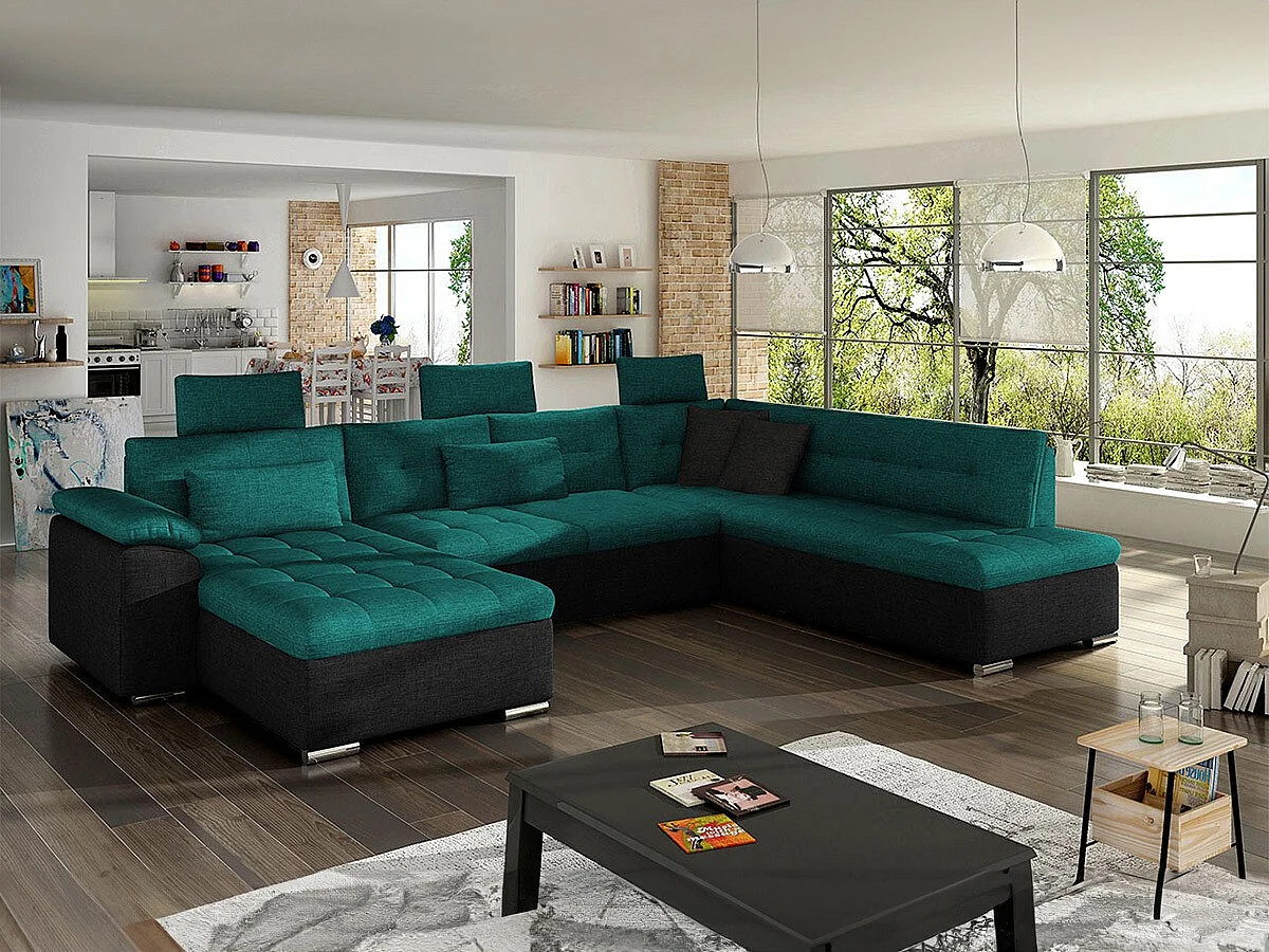 Canapé d'angle Comfivo 127, Vert, Fonction de couchage, Boîte de literie, 350x205x101cm