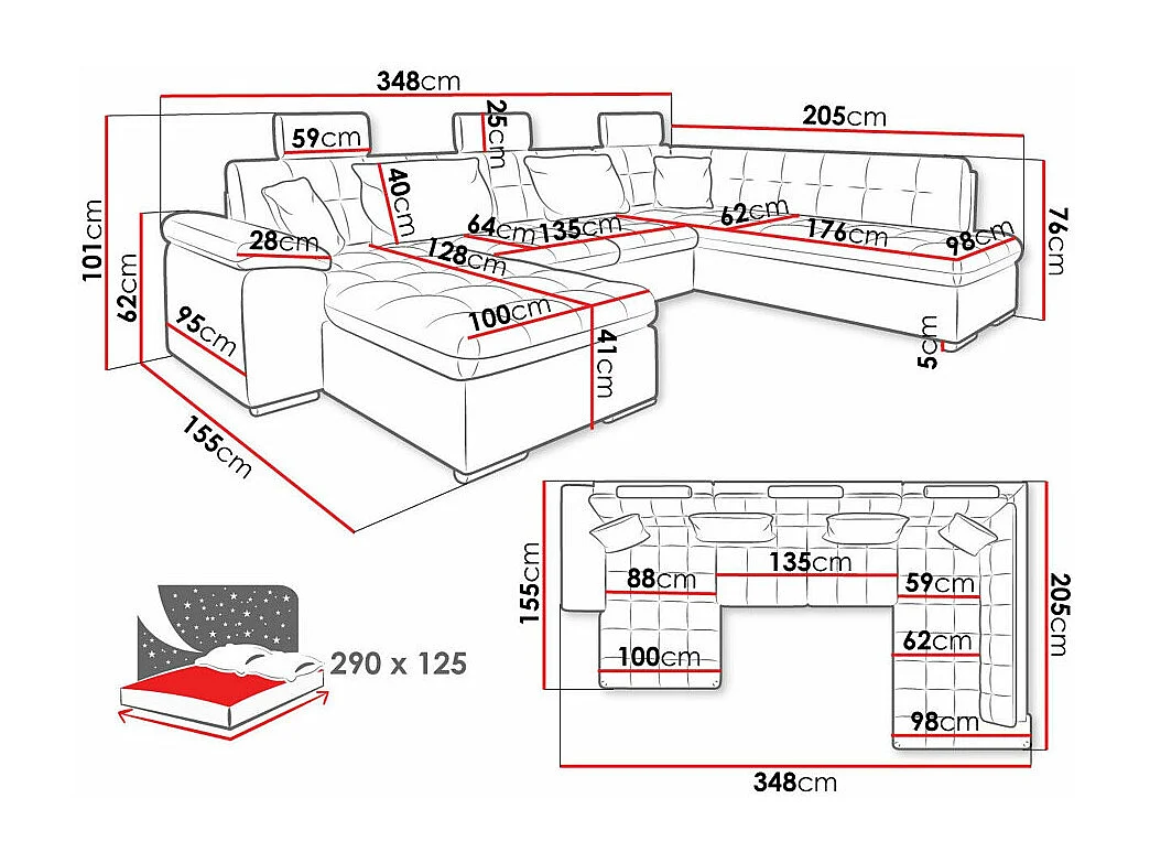 Canapé d'angle Comfivo 127, Vert, Fonction de couchage, Boîte de literie, 350x205x101cm