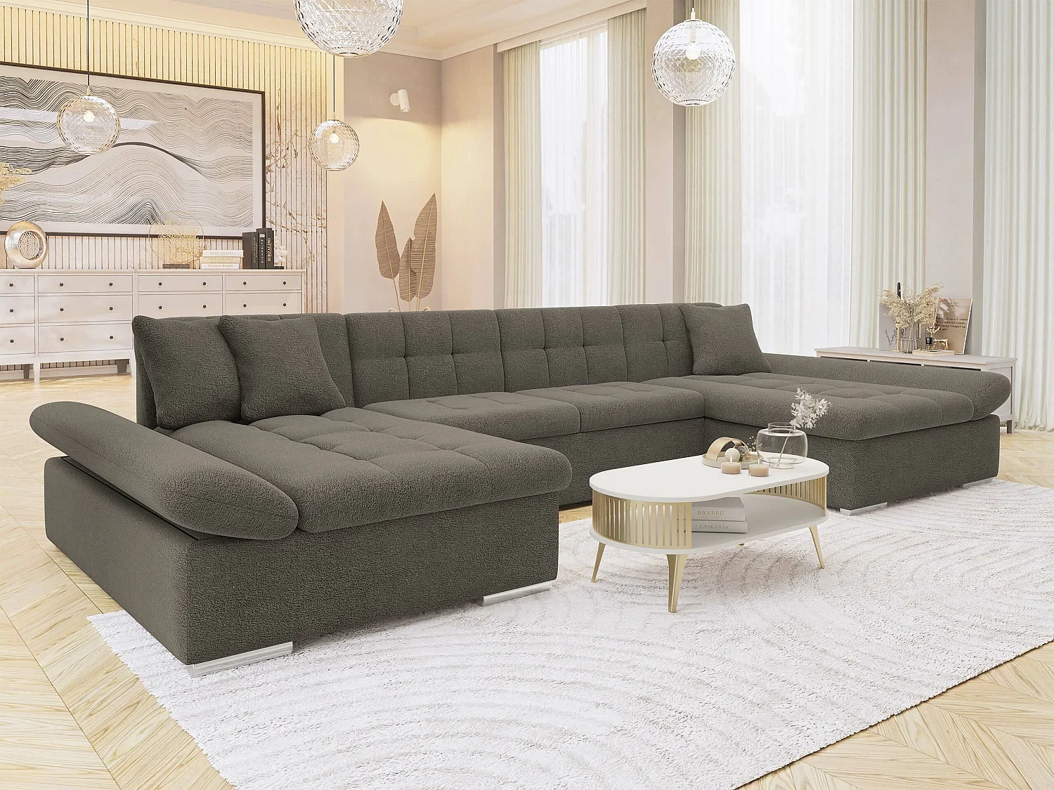 Sofá rinconero Comfivo Ficus, Marrón, Función de descanso, Almacenaje, 360x160x75cm