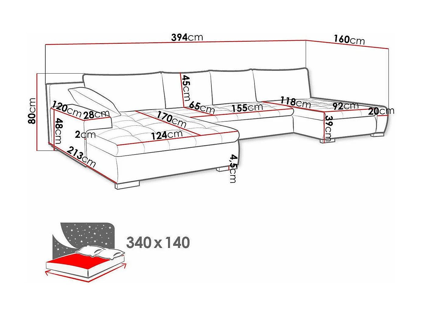 Sofá rinconero Comfivo 106, Gris, Función de descanso, Almacenaje, 394x213x80cm