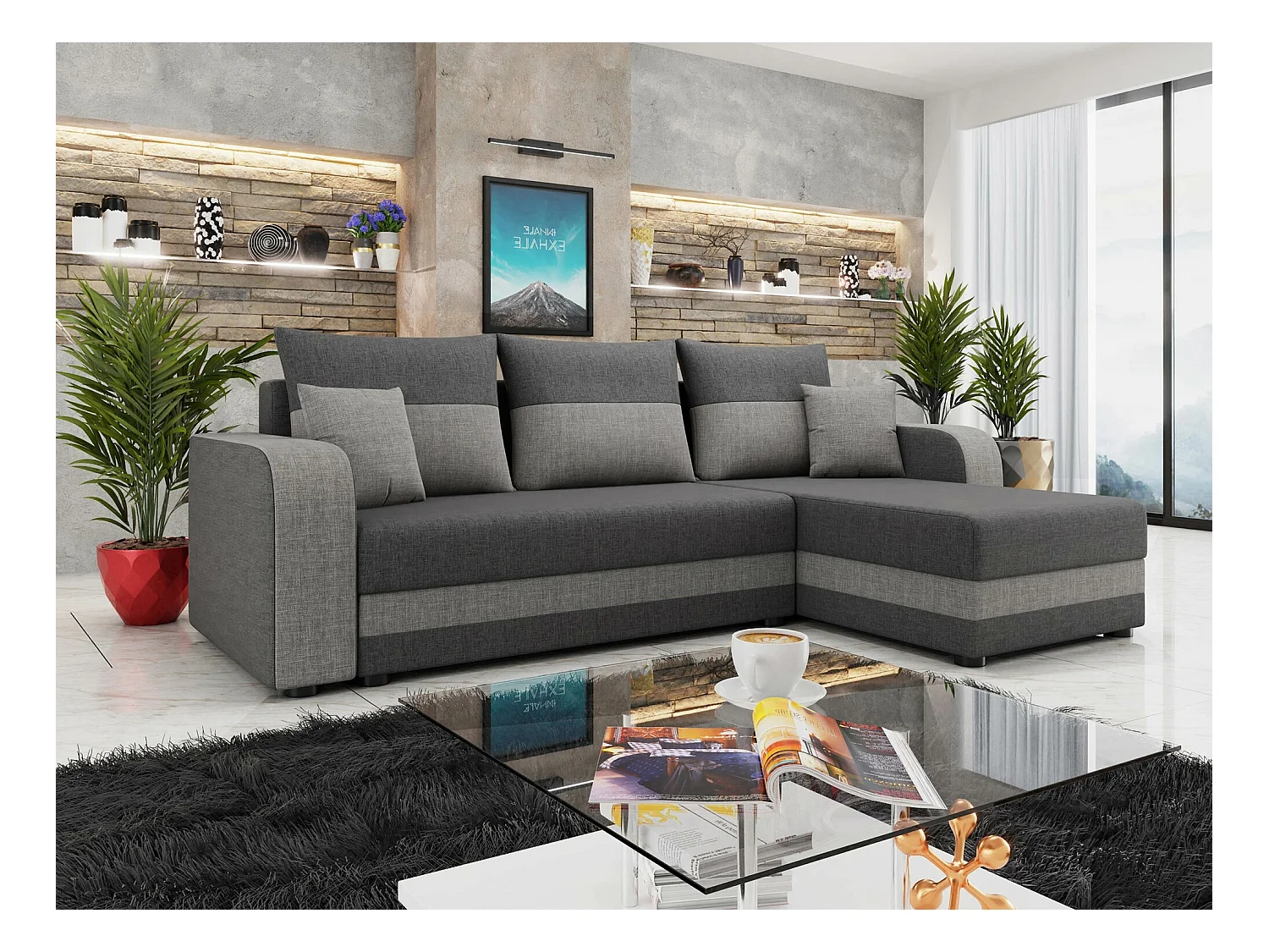 Canapé d'angle Memphis 112, Gris, Fonction de couchage, Boîte de literie, 237x139x84cm