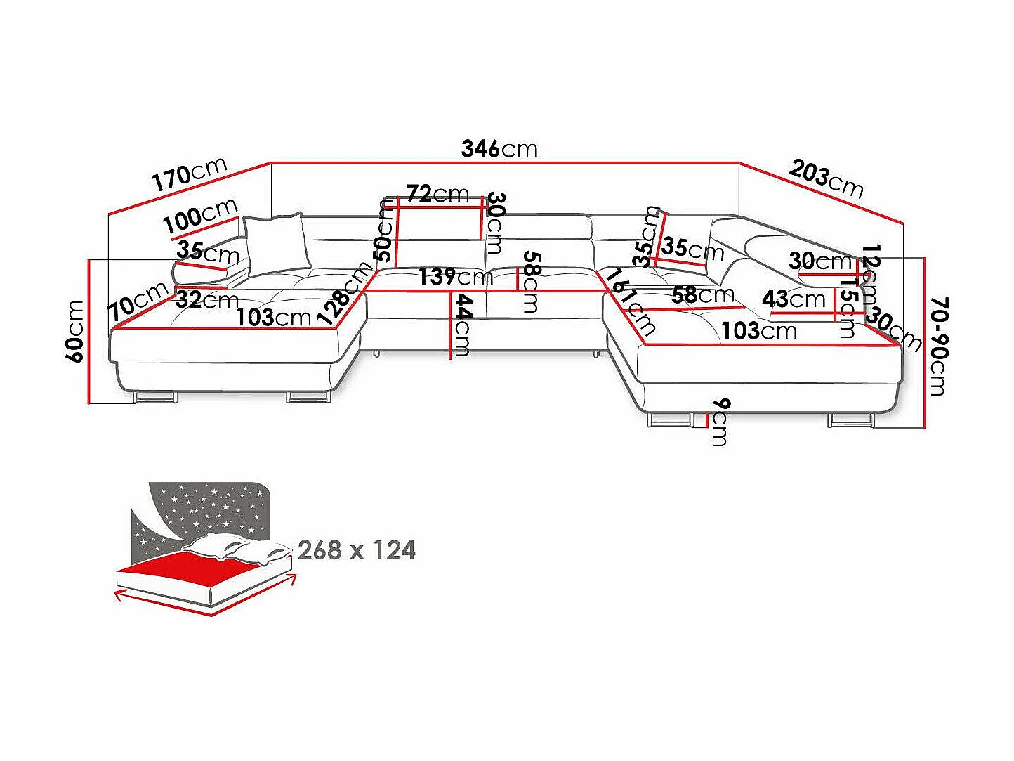 Sofá rinconero Comfivo Vinetum III, Azul, Función de descanso, Almacenaje, 346x203x70cm
