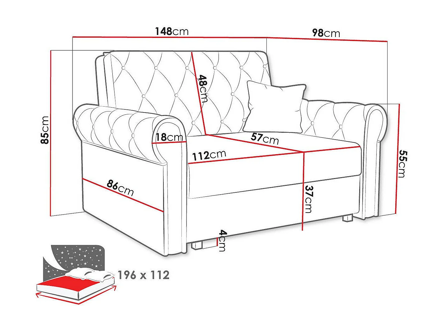 Sofá-cama Columbus 199, Almacenaje, 85x148x98cm, Muebles ya montados