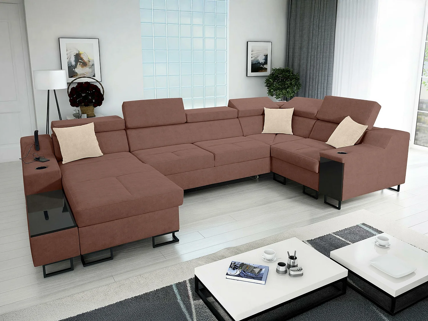 Canapé d'angle Sarasota 137, Rose, Fonction de couchage, Boîte de literie, 342x211x100cm