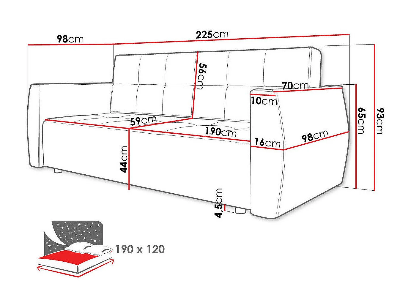 Sofá cama Edinburg 107, Cama com arrumação, 9x23x10cm