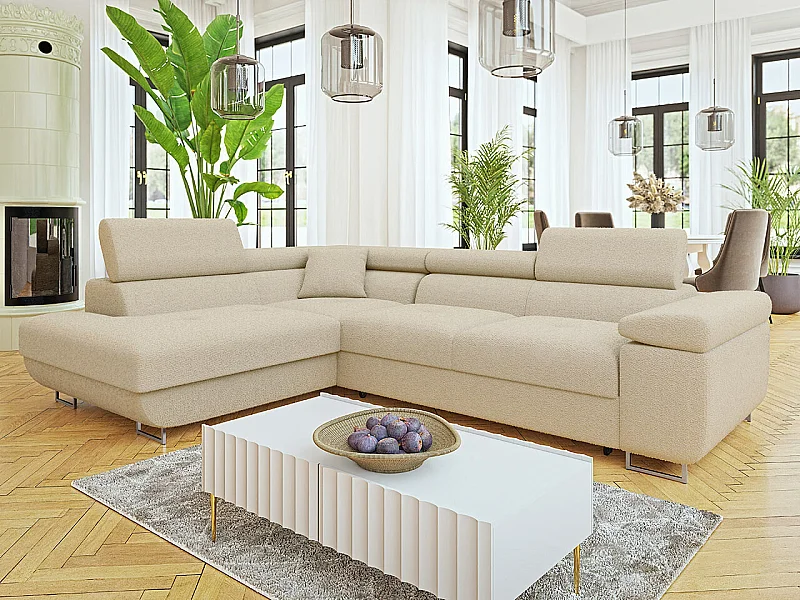 Sofá rinconero Comfivo Eliferu 101, De color marrón claro, Función de descanso, 274x203cm