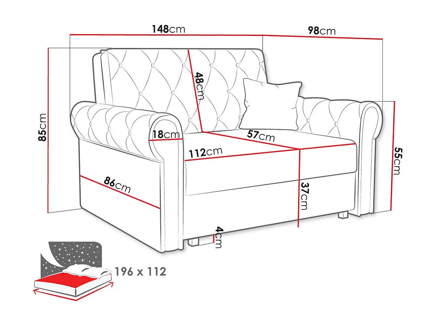 Canapé convertible Columbus 199, Disponible, 85x148x98cm, Mobilier déjà assemblé