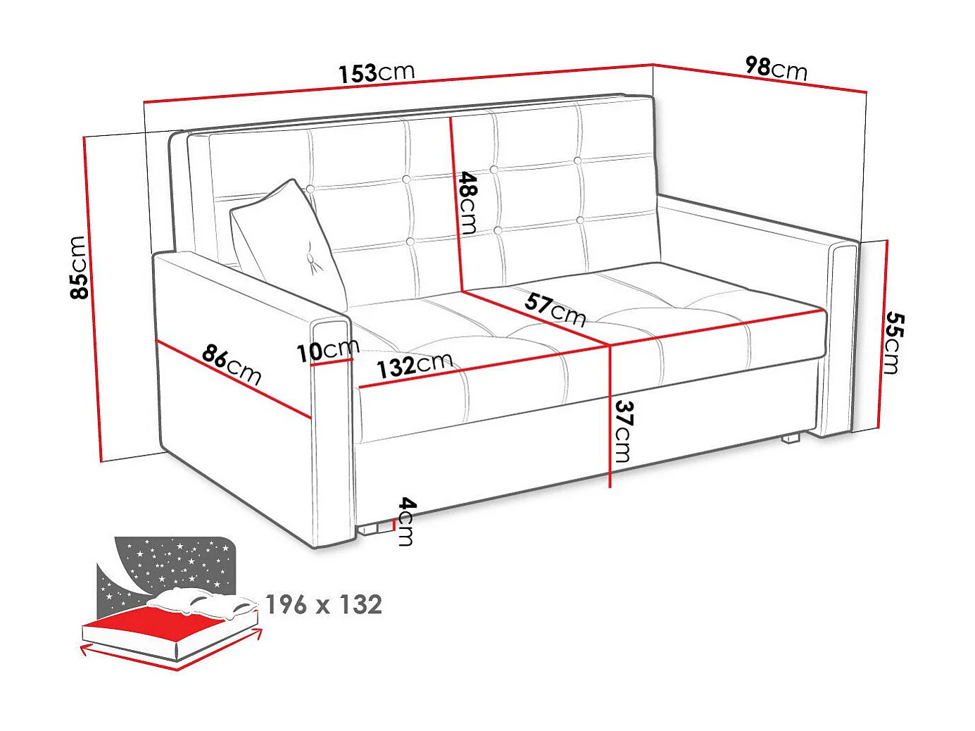 Canapé convertible Columbus 102, Disponible, 85x153x98cm, Mobilier déjà assemblé