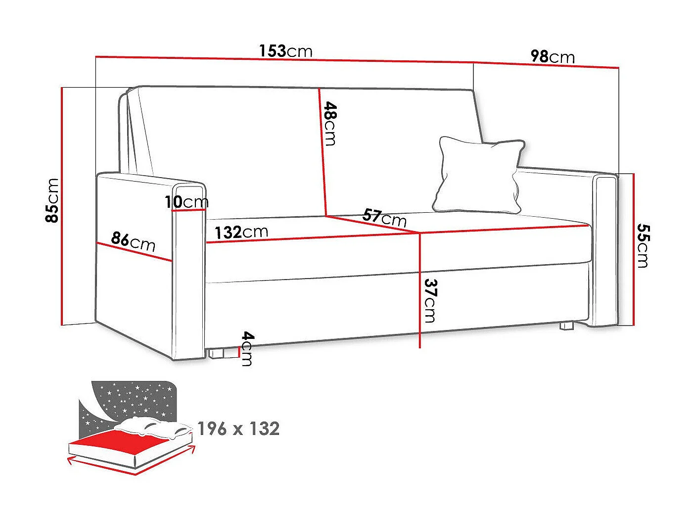 Sofá-cama Columbus 188, Almacenaje, 85x153x98cm, Muebles ya montados