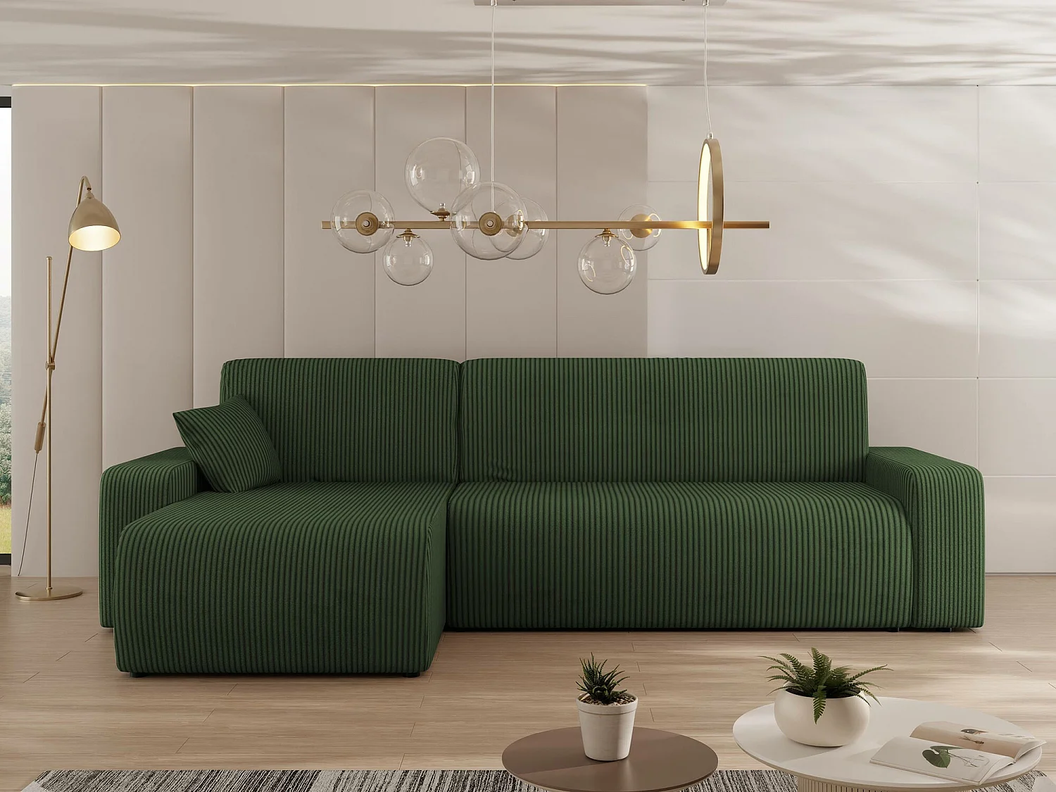 Sofá rinconero Shelton 102, Verde, Función de descanso, Almacenaje, 244x145x82cm