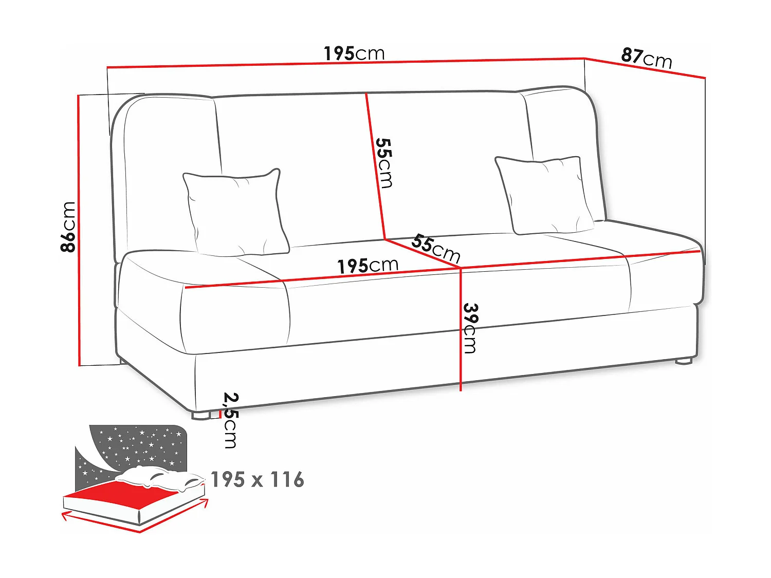 Sofá-cama Comfivo 110, Cama com arrumação, 9x20x9cm