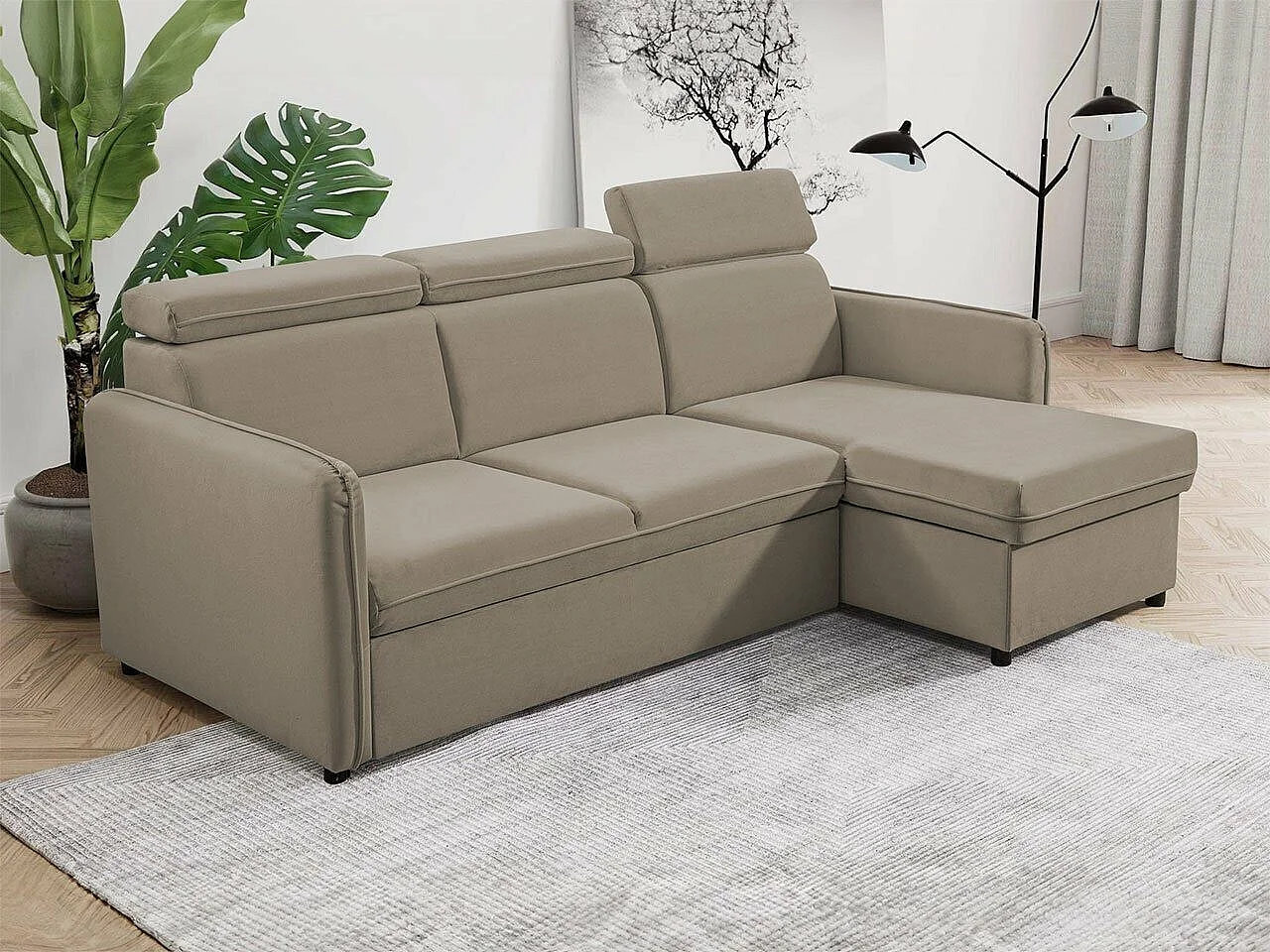 Sofá de canto Temple 127, Castanho claro, Funcionalidade de dormir