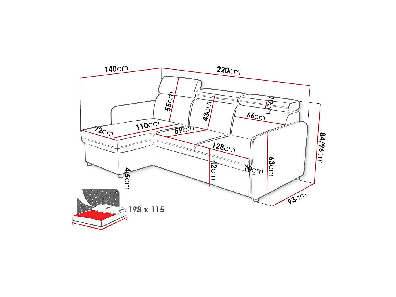 Sofá de canto Temple 127, Castanho claro, Funcionalidade de dormir