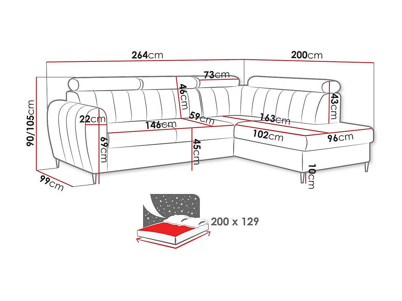 Canapé d'angle Temple 125, Jaune, Disponible, 264x200x90cm