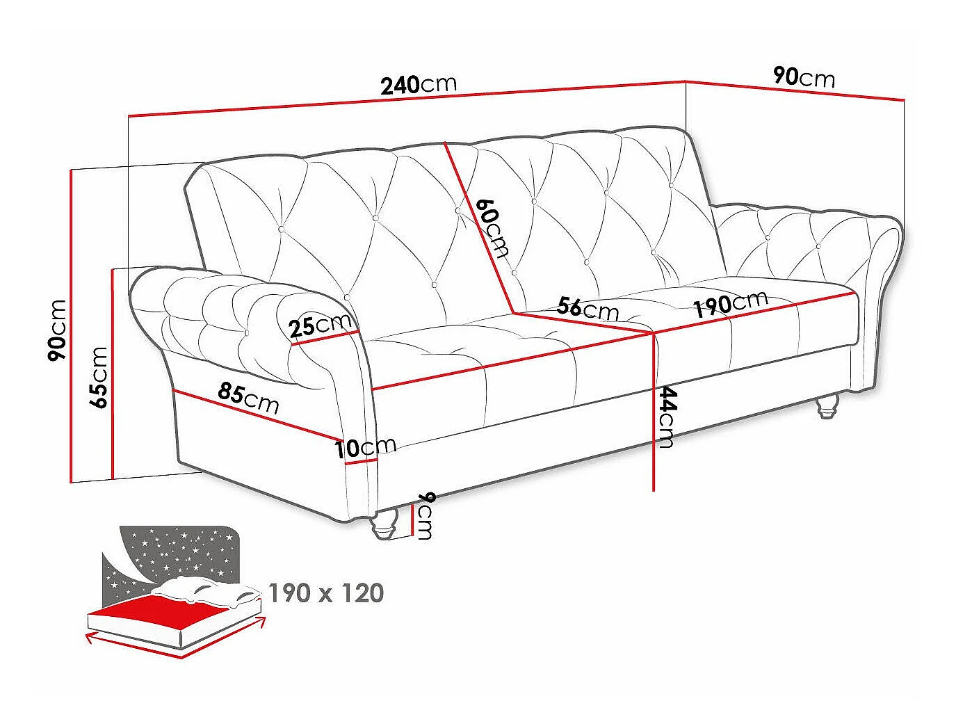 Canapé convertible Columbus 209, Disponible, 90x240x90cm