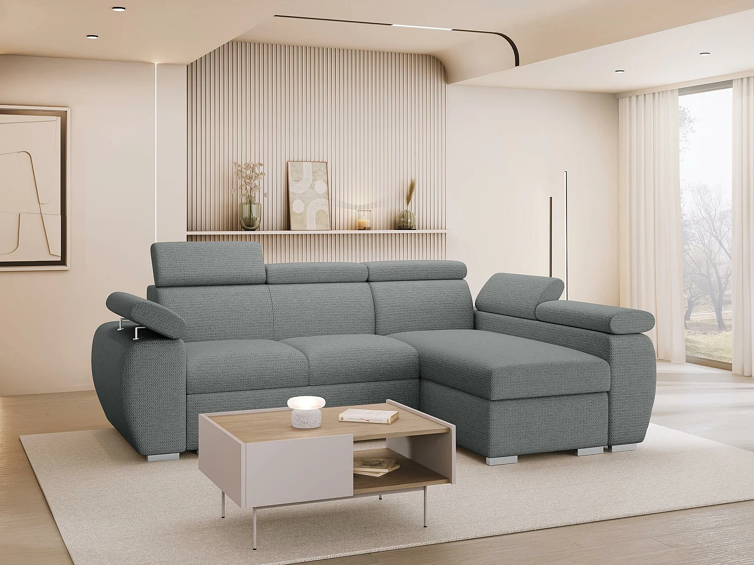 Canapé d'angle Columbus 132, Gris foncé, Disponible, 255x170x85cm