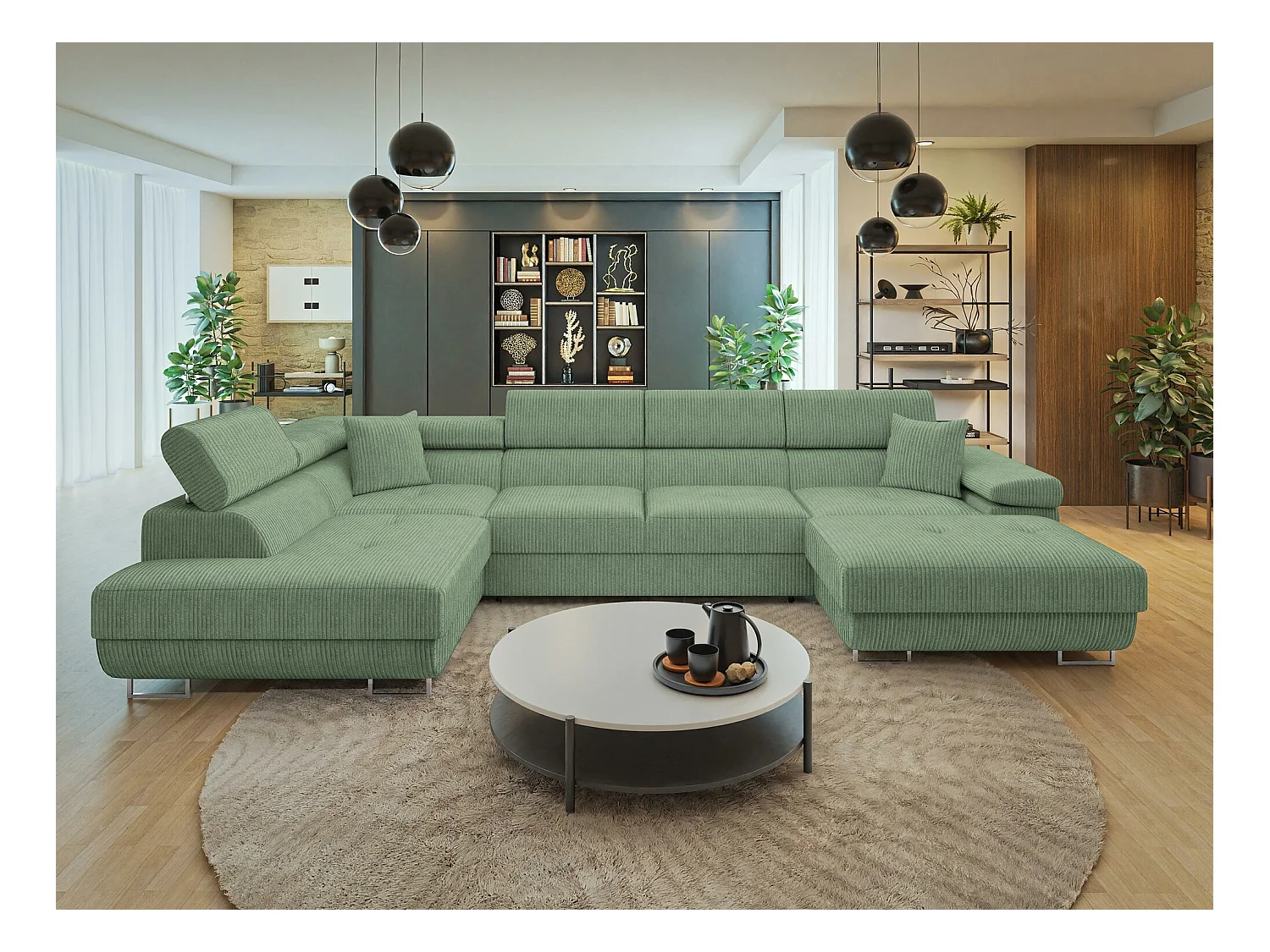 Canapé d'angle Comfivo Eliferu 103, Vert, Fonction de couchage, Boîte de literie, 346cm