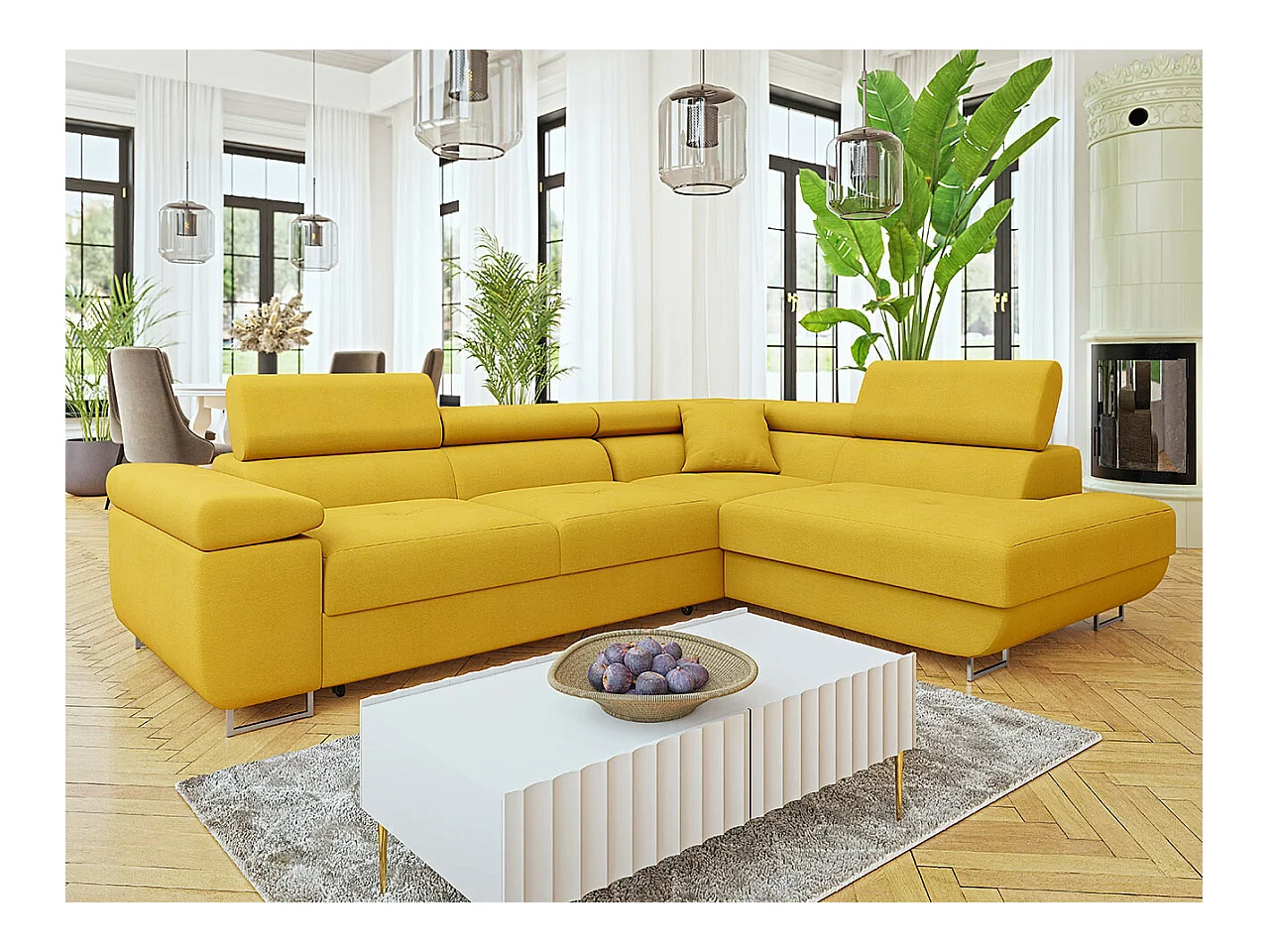 Canapé d'angle Comfivo Eliferu 101, Jaune, Fonction de couchage, Boîte de literie, 274cm