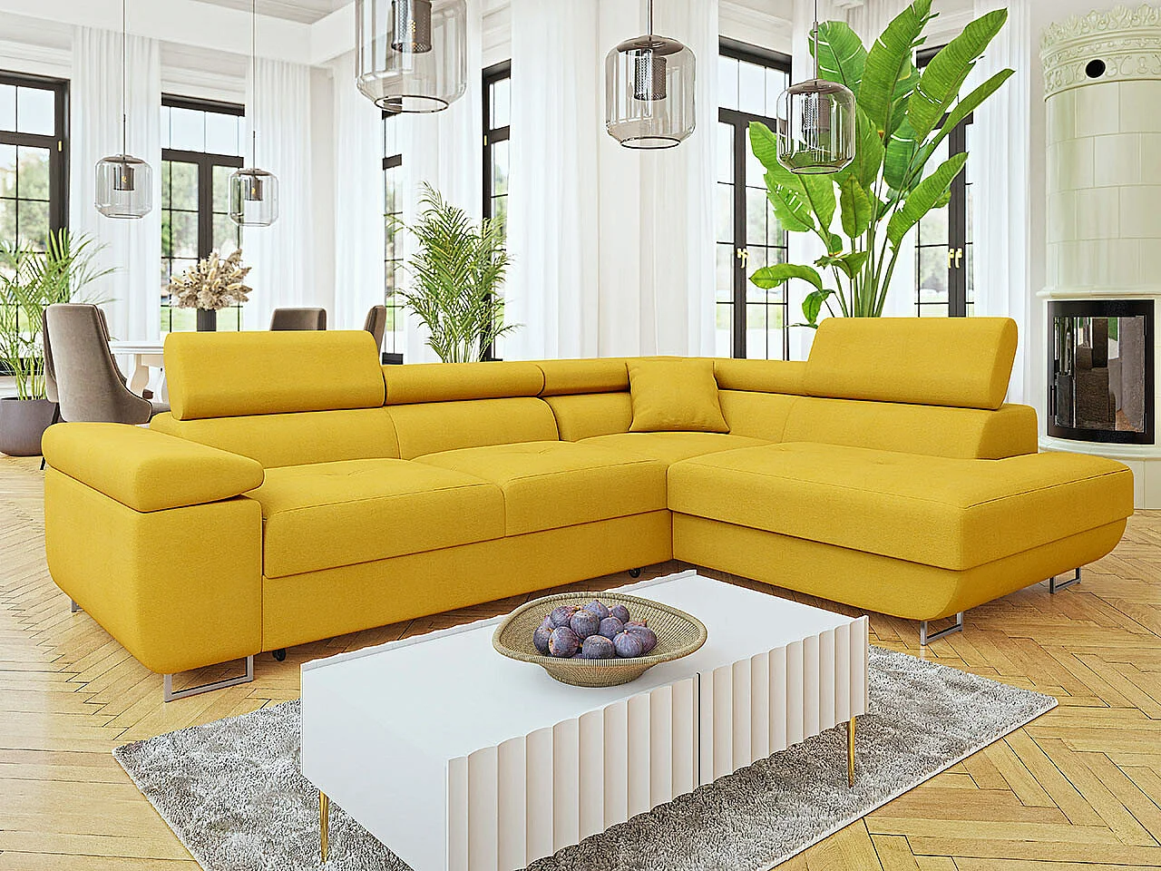 Sofá rinconero Comfivo Eliferu 101, Amarillo, Función de descanso, Almacenaje, 274x203cm