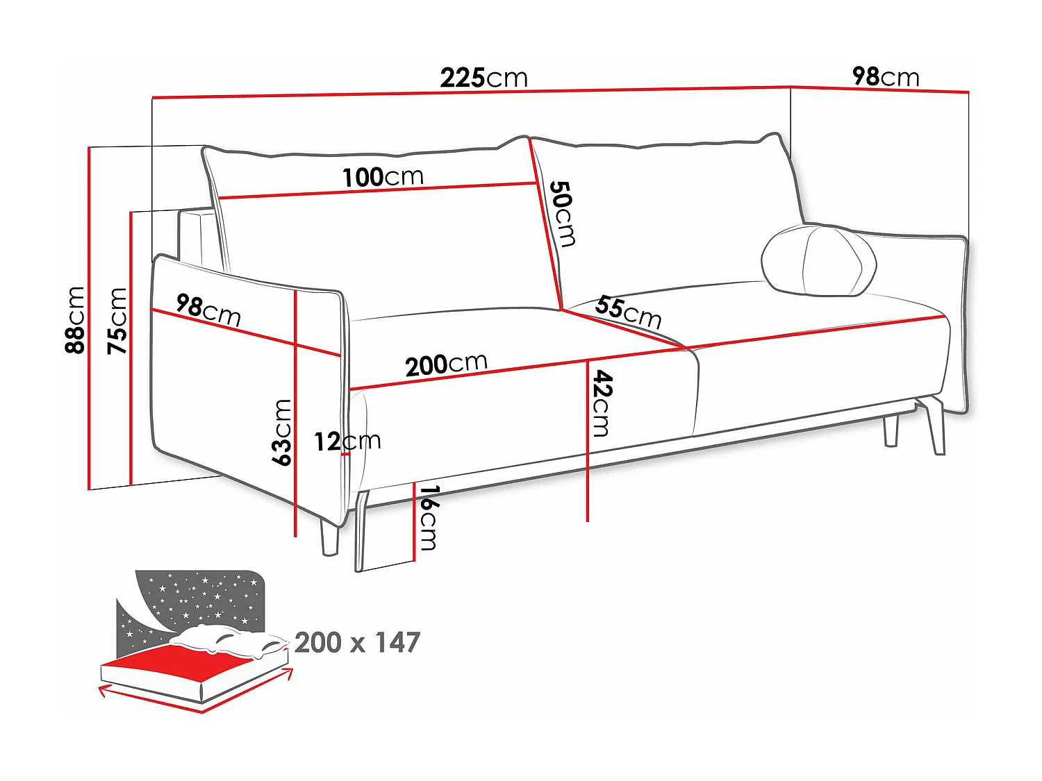 Sofá-cama Columbus 216, Cama com arrumação, 9x23x10cm