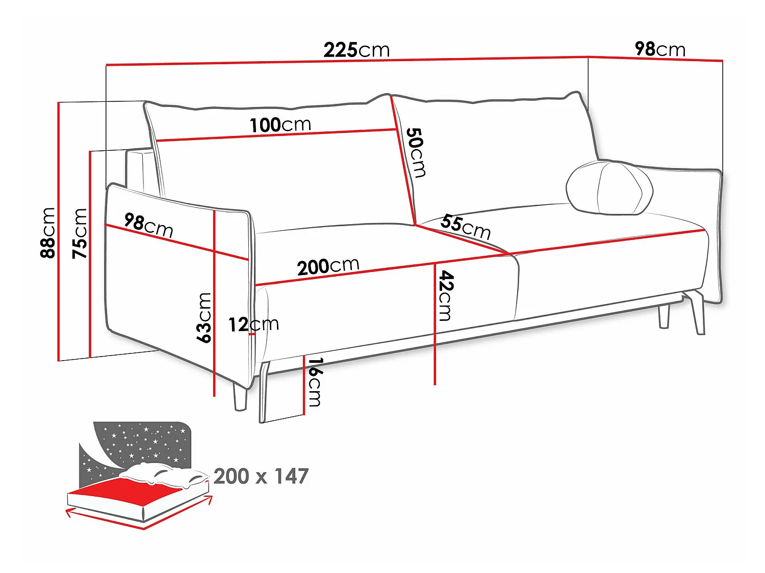 Sofá cama Columbus 216, Almacenaje, 9x23x10cm