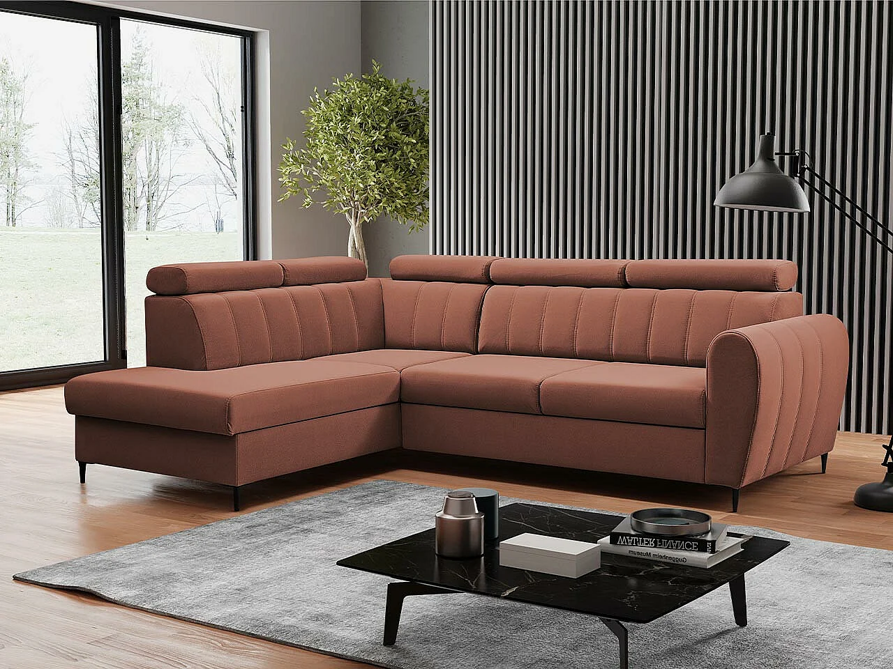 Sofá rinconero Temple 125, Rosa, Función de descanso, Almacenaje, 264x200x90cm