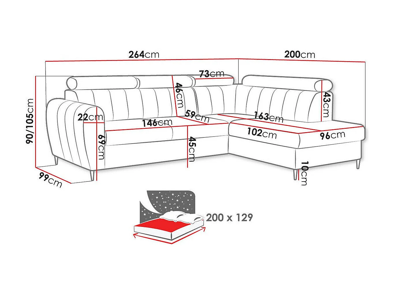 Sofá de canto Temple 125, Rosé, Funcionalidade de dormir, 26x20x9cm