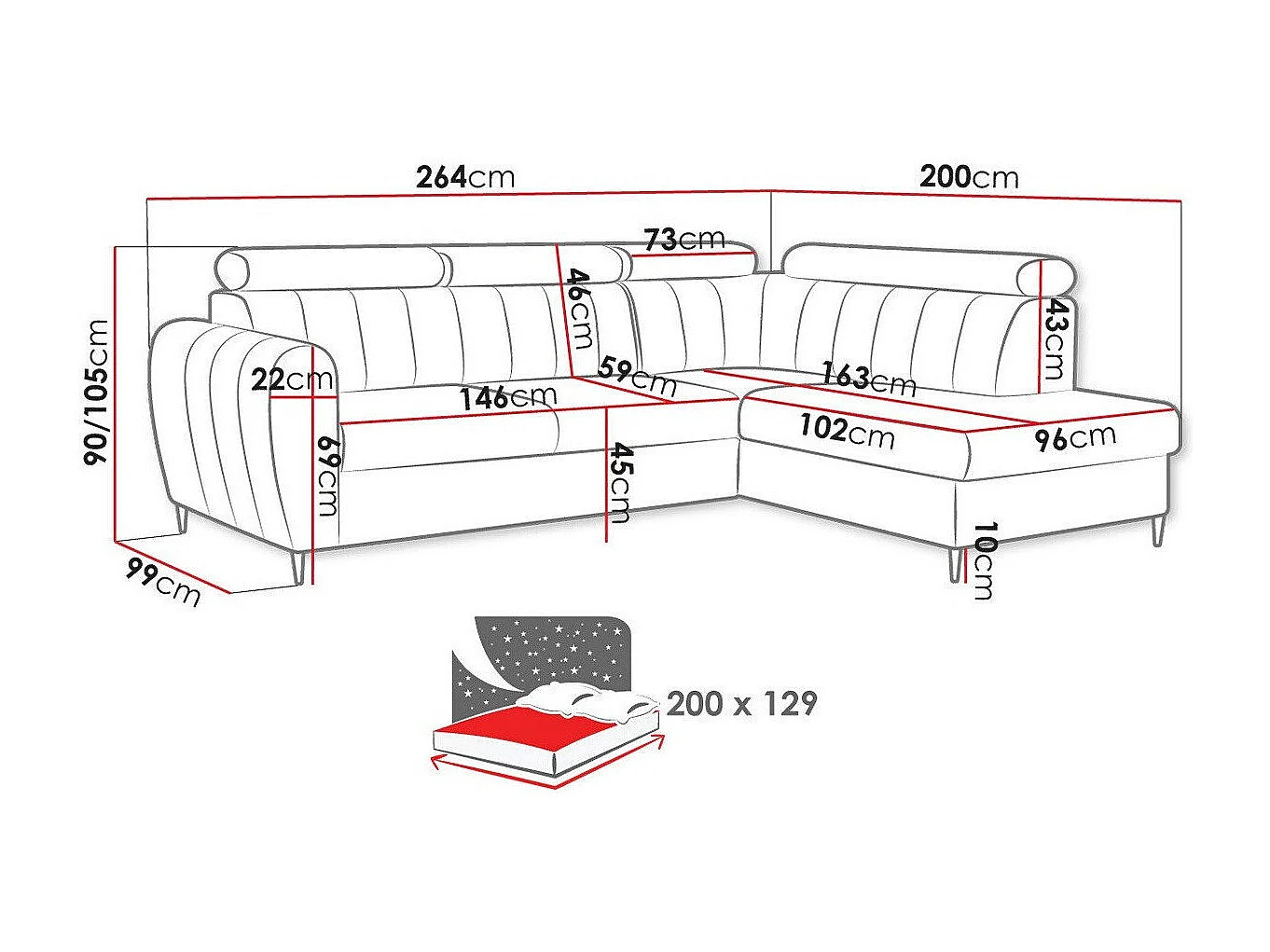 Sofá rinconero Temple 125, Amarillo, Función de descanso, Almacenaje, 264x200x90cm