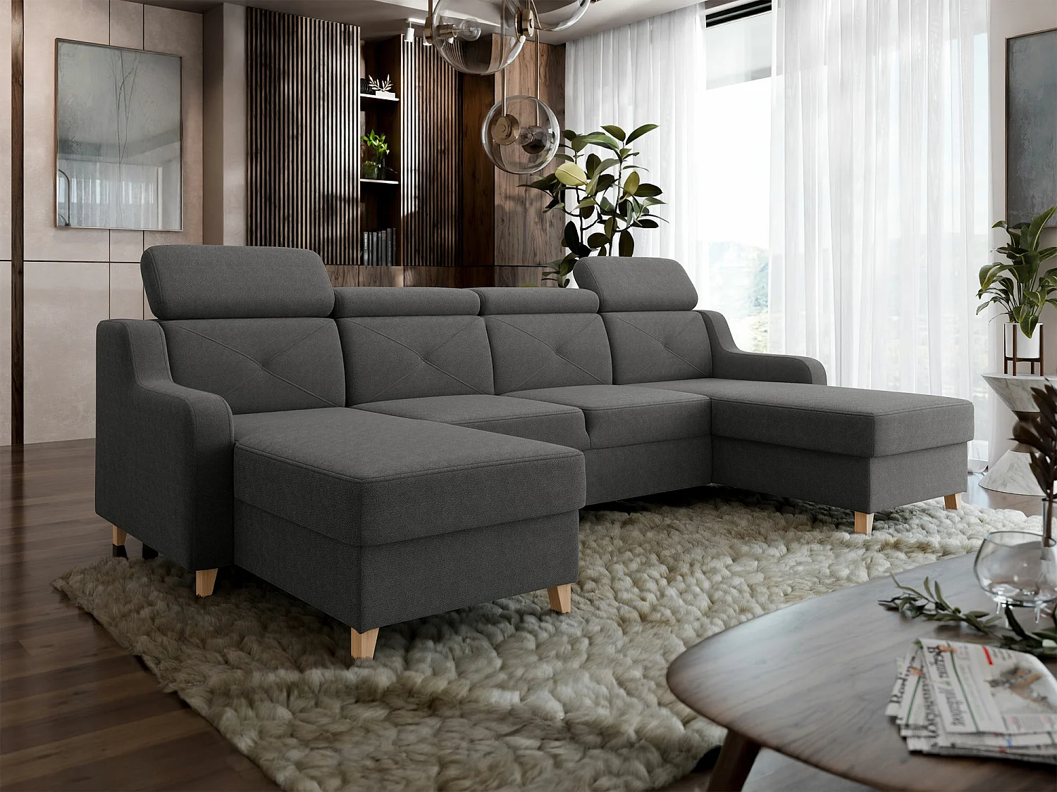 Sofá de canto Temple 129, Cinzento, Funcionalidade de dormir