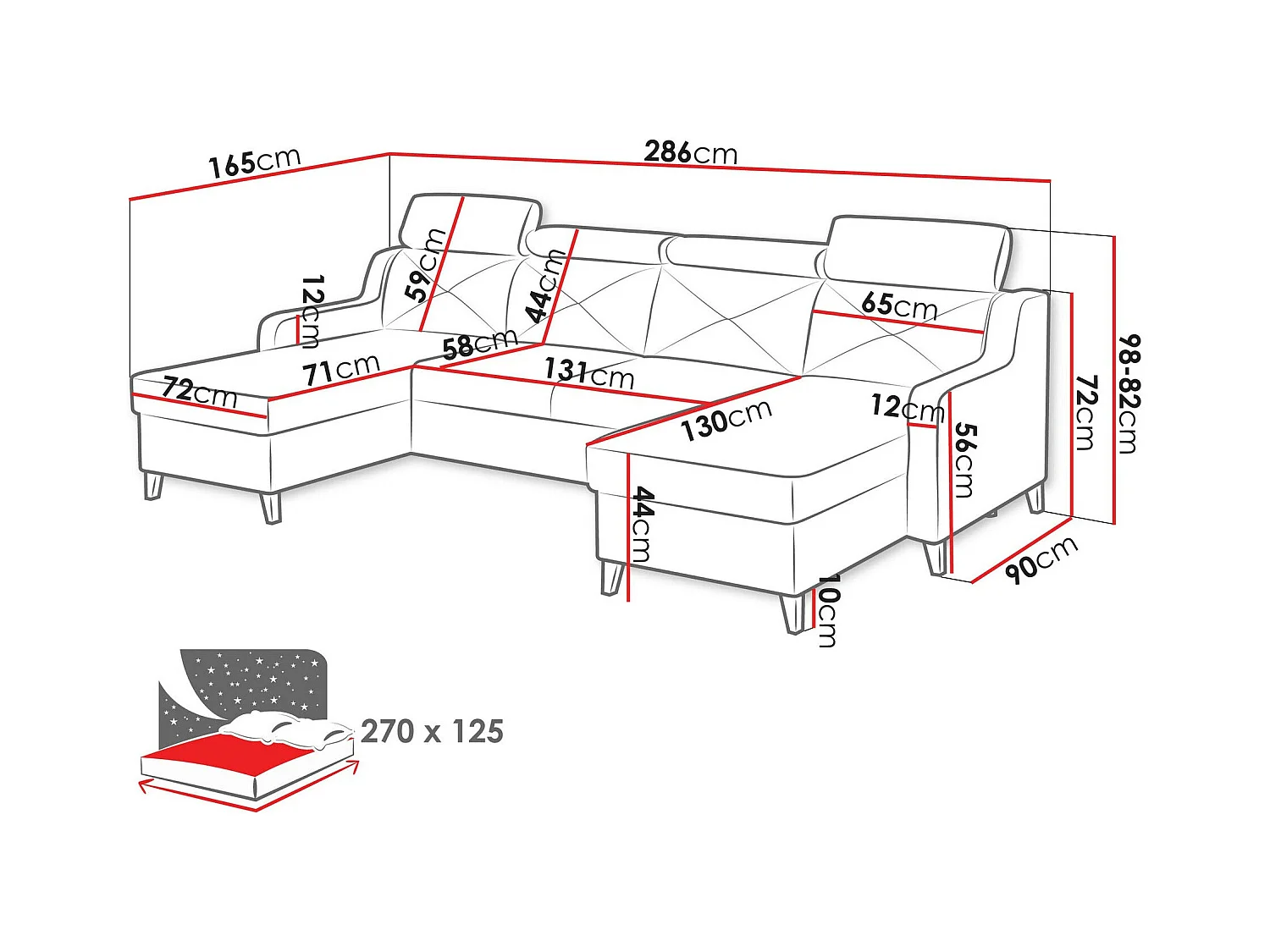 Sofá de canto Temple 129, Cinzento, Funcionalidade de dormir
