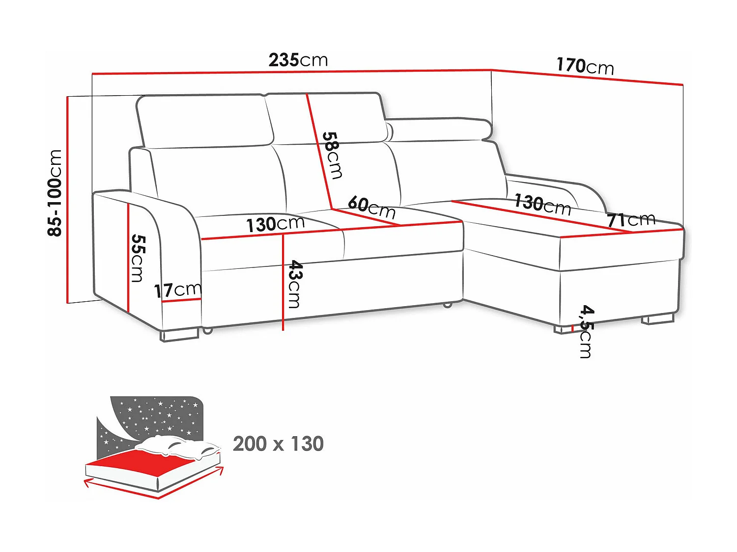 Canapé d'angle Etrcala 100, Gris, Fonction de couchage, Boîte de literie, 235x170x85cm