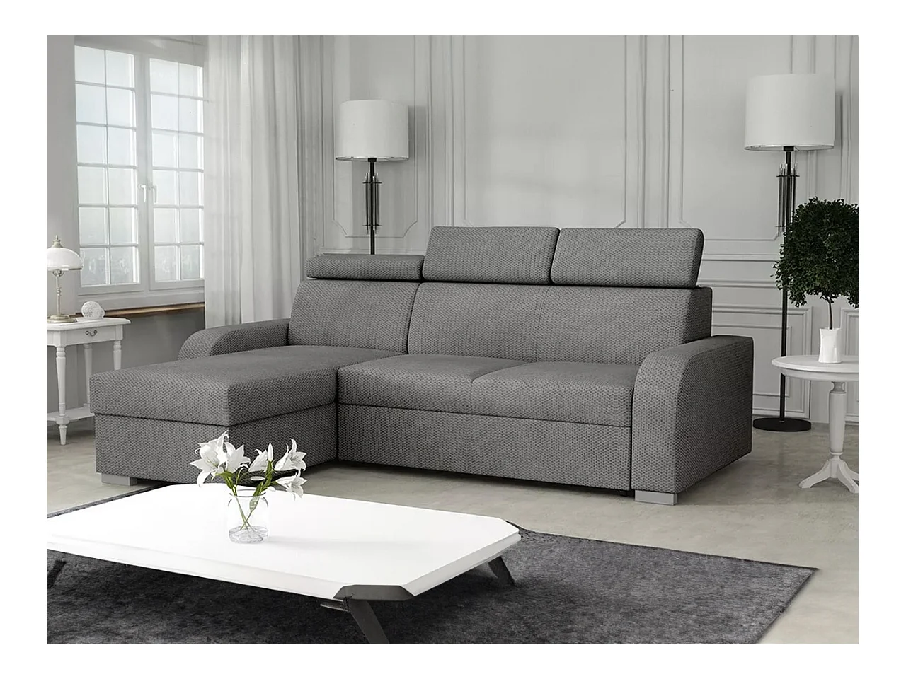 Canapé d'angle Etrcala 100, Gris, Fonction de couchage, Boîte de literie, 235x170x85cm