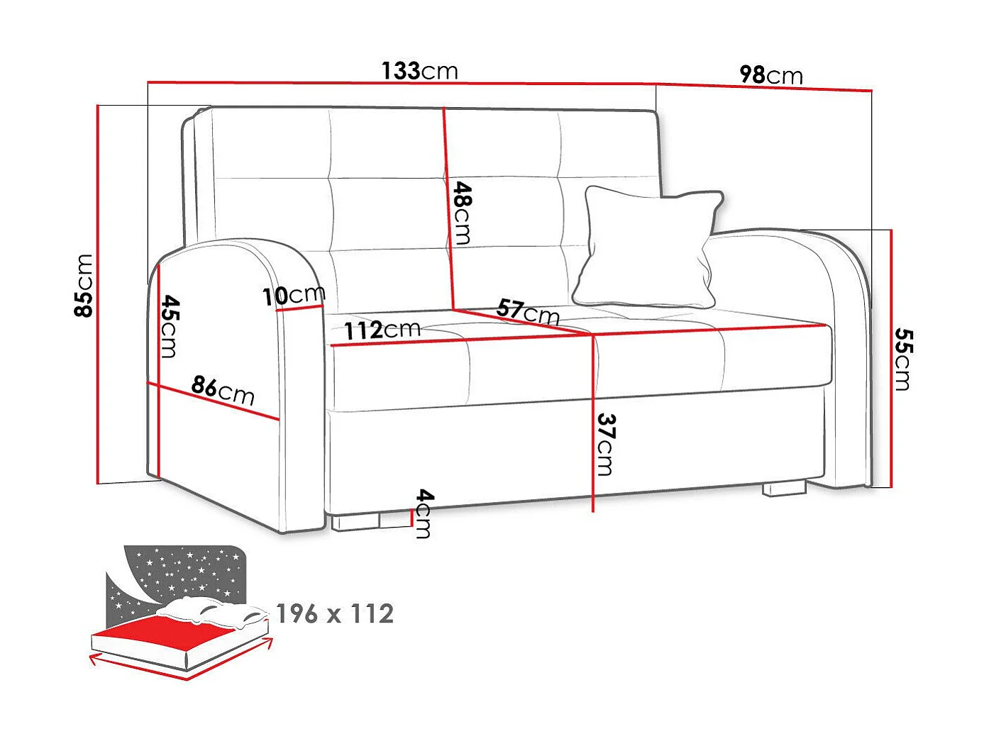 Canapé convertible Columbus 115, Boîte de literie, 85x133x98cm, Mobilier déjà assemblé