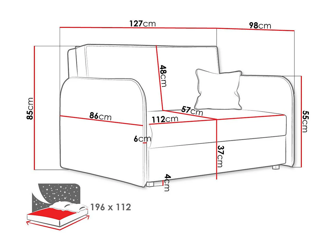 Sofá-cama Columbus 124, Almacenaje, 85x127x98cm, Muebles ya montados