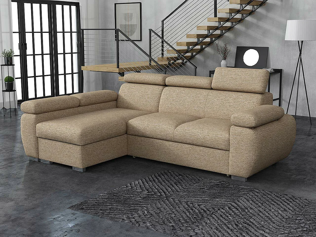 Canapé d'angle Columbus 132, Brun clair, Fonction de couchage, Boîte de literie, 255x85cm